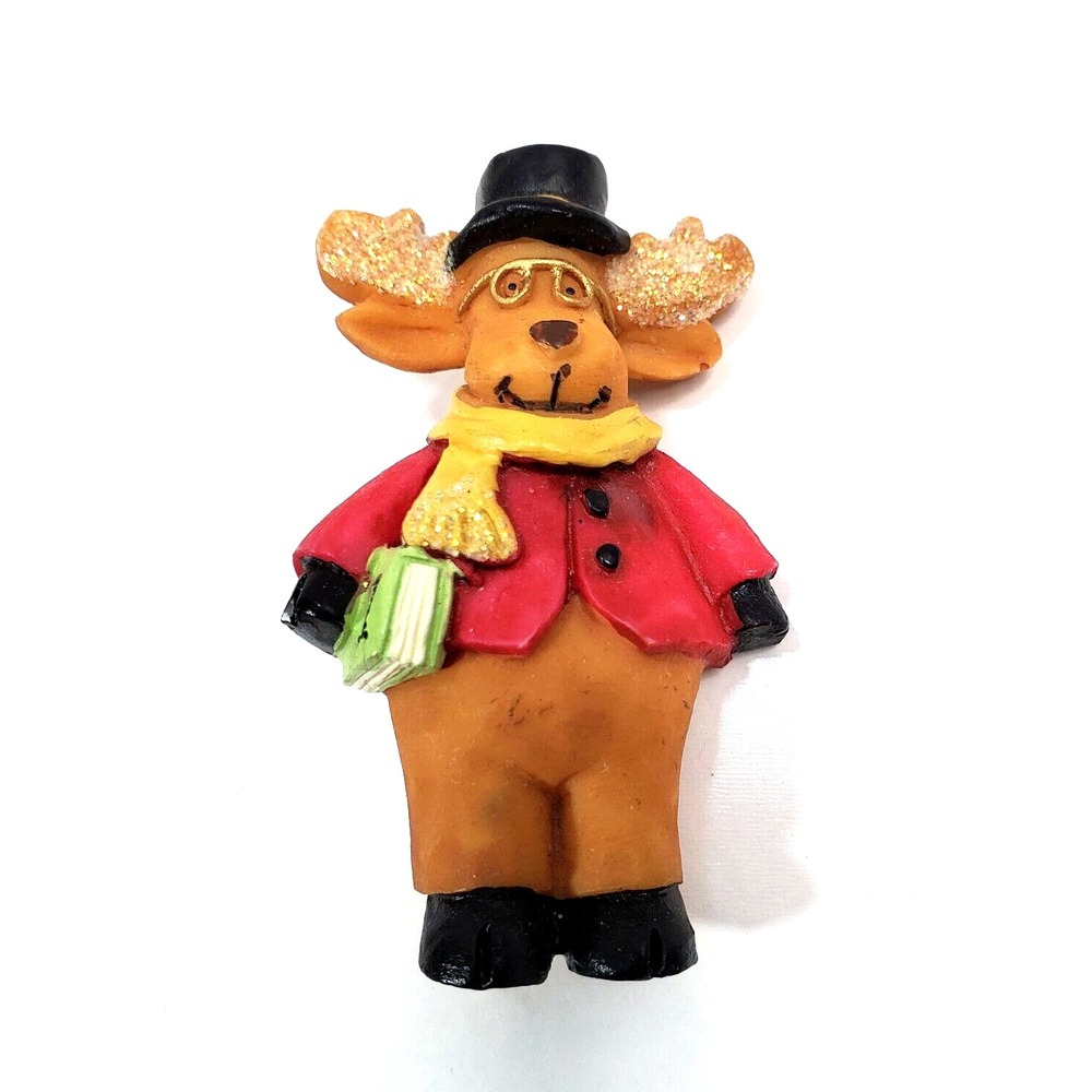 Vintage Winter Moose with Coat Hat Scarf Book Holiday Resin Pin Brooch